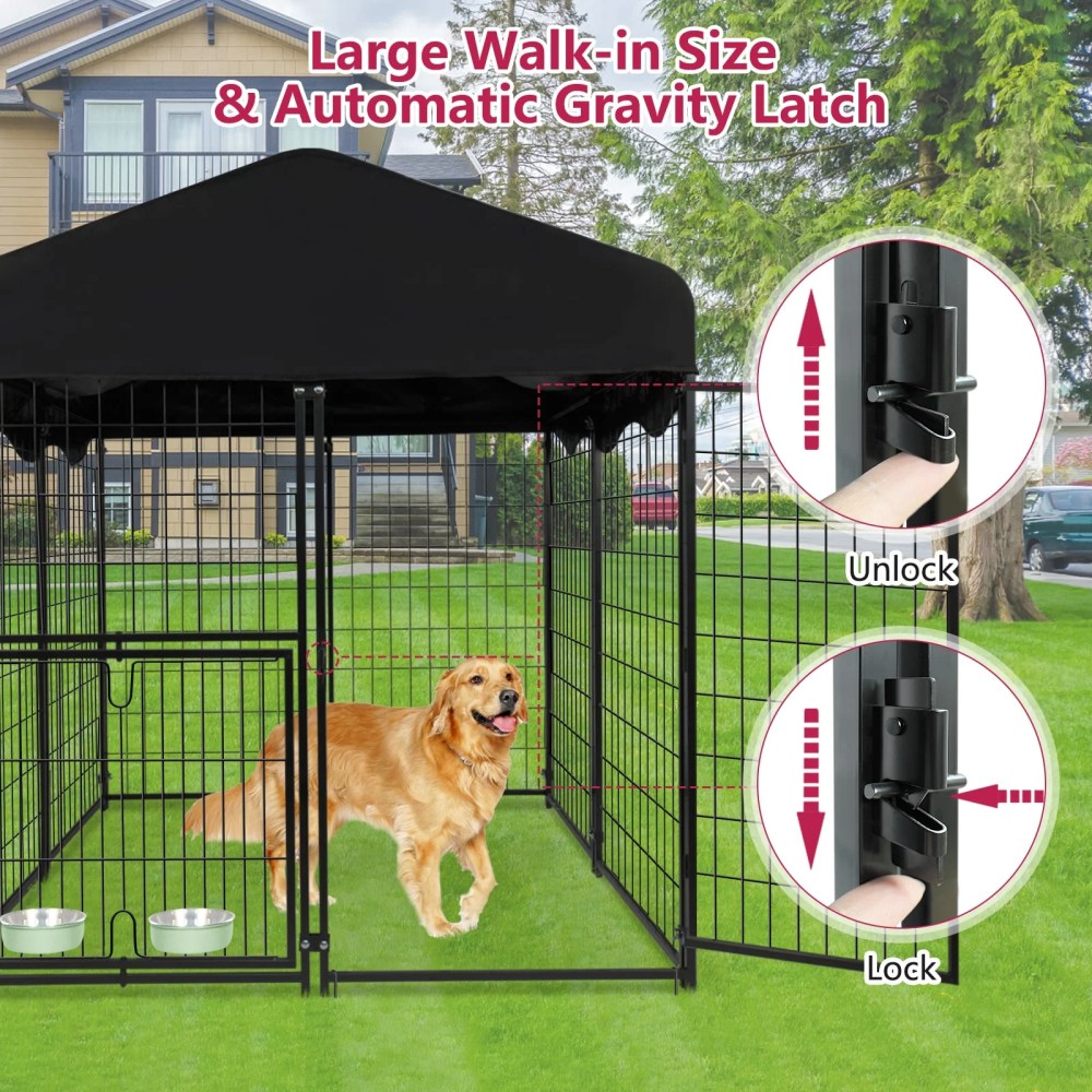 Jhsomdr Outdoor Dog Kennel 4.2ft x 4ft x 4.5ft Welded Wire Large Dog Kennel Dog Cage for Medium/Small Dogs, Heavy Duty Dog Crate with Rotating Feeding Door & UV-Resistant Cover - Image 3