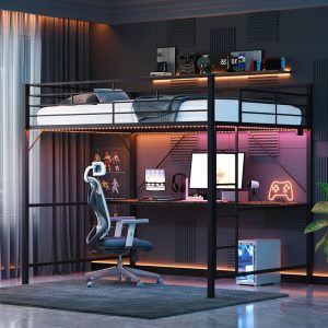 Zimtown Queen Loft Bed with Desk with LED,15.74" Guardrail Height,Metal Bunk Bed Frame, Heavy Duty Metal Slat Support, Black