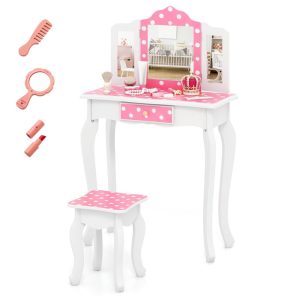 Yardi Yard Princess Pretend Play Makeup Dressing Table with Cute Polka Dot Print,2 in 1 Vanity Set with Pull-Out Drawer,Vanity Set for Indoor,Pink