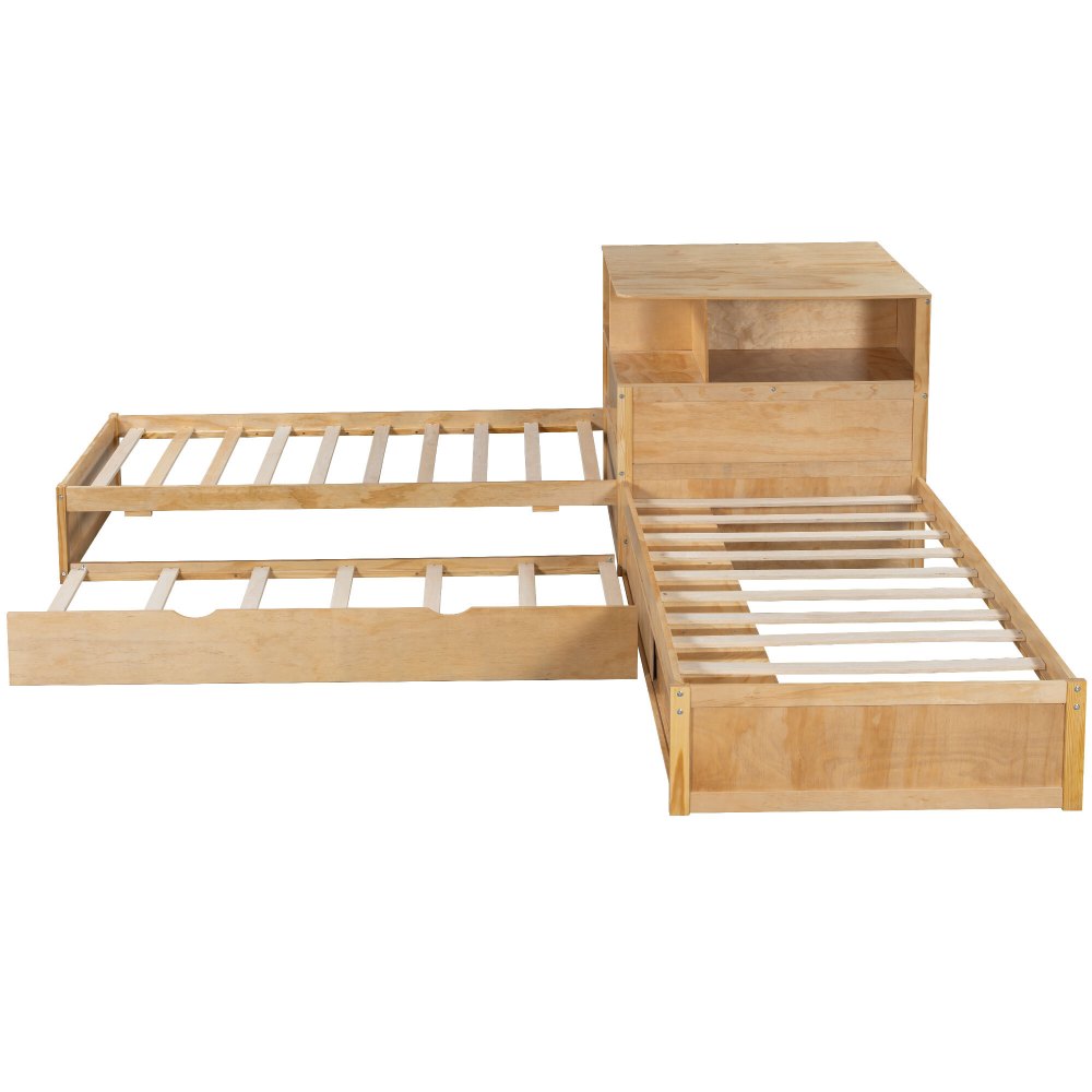 Euroco Pine Wood L-Shaped Twin Platform Bed with Storage Desk, Cabinets, Trundle and LED Light for Kids Teens, Natural - Image 3