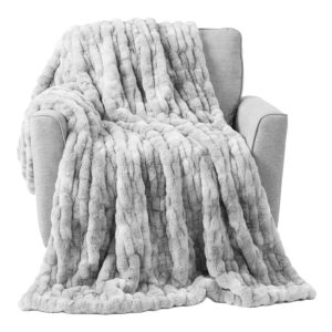 Lavish Home 6080 Ruched Jacquard Faux Fur Blanket for Sofas and Beds, Gray