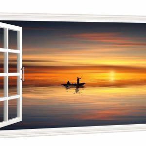 Window View of Boat Ocean Sunset Landscape Canvs Art Fake Open Window Wall Art Boat Ocean Sunset Landscape Framed Painting For Livingroom Office Bedroom Ready to Hang