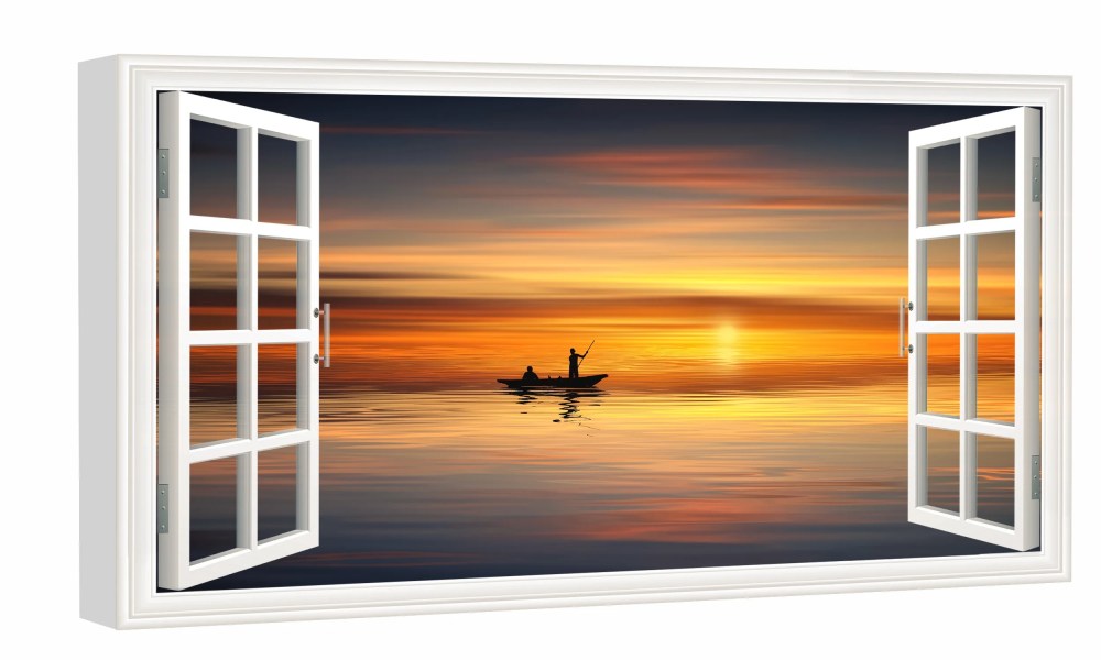 Window View of Boat Ocean Sunset Landscape Canvs Art Fake Open Window Wall Art Boat Ocean Sunset Landscape Framed Painting For Livingroom Office Bedroom Ready to Hang