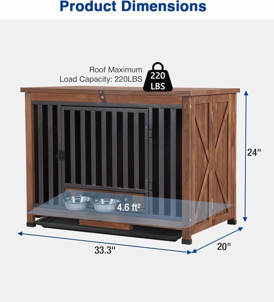 Aivituvin Dog Crate Furniture, Foldable Wooden Dog Kennel Furniture with 360'Rotating Feeding Bowls, Iron Frame Dog Crate with Deepened Sliding Tray , 39.4" L Brown - Image 7