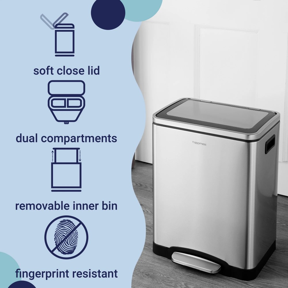 happimess Elmo Rectangular 8-Gallon Double Bucket Trash Can with Soft-Close Lid, Platinum Silver, HPM1004A - Image 9