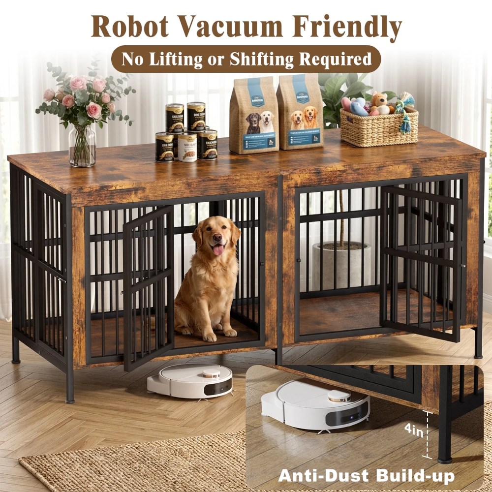 YOKWOK 78 Inch Dog Crate Furniture for Large Dogs with Sturdy Removable Divider, Extra Large Double Doors Dog Kennel Furniture, Thick Wooden Dog cage Furniture, Brown - Image 3