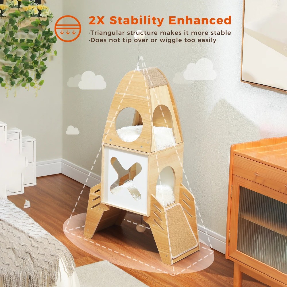 Pefilos 43" Modern Cat Tree Tower Rocket Shape, Multilevel Cat Condo for Large Cats, Cat Tower for Big and Fat Spacious, Beige - Image 5