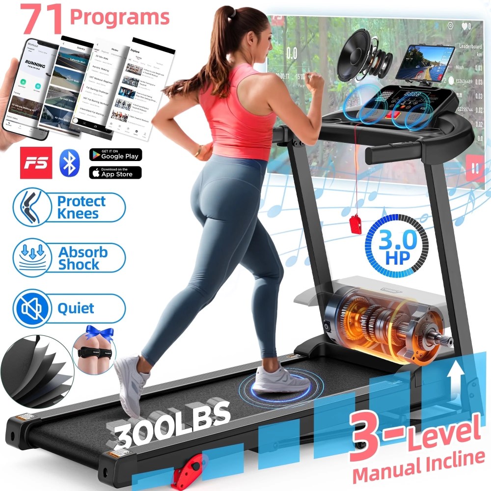 300lbs Folding Treadmill w/ 3HP Motor, 647 Programs, Incline Treadmill for Home, 7.5MPH Speed, APP Control & Bluetooth Speakers, Shock-Absorbing Running Belt, Portable Walking Jogging Treadmill
