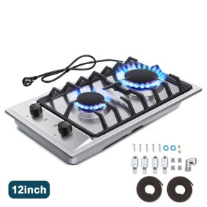 2 Burners 12 inch Gas Cooktop Stainless Steel NG/LPG Convertible Built-in Burner Cooktop
