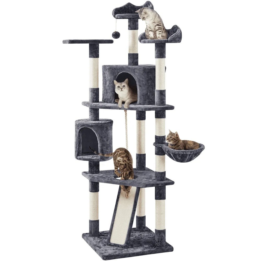 Alden Design 79"H Multilevel Large Cat Tree Condo Tower with Scratching Post, Dark Gray