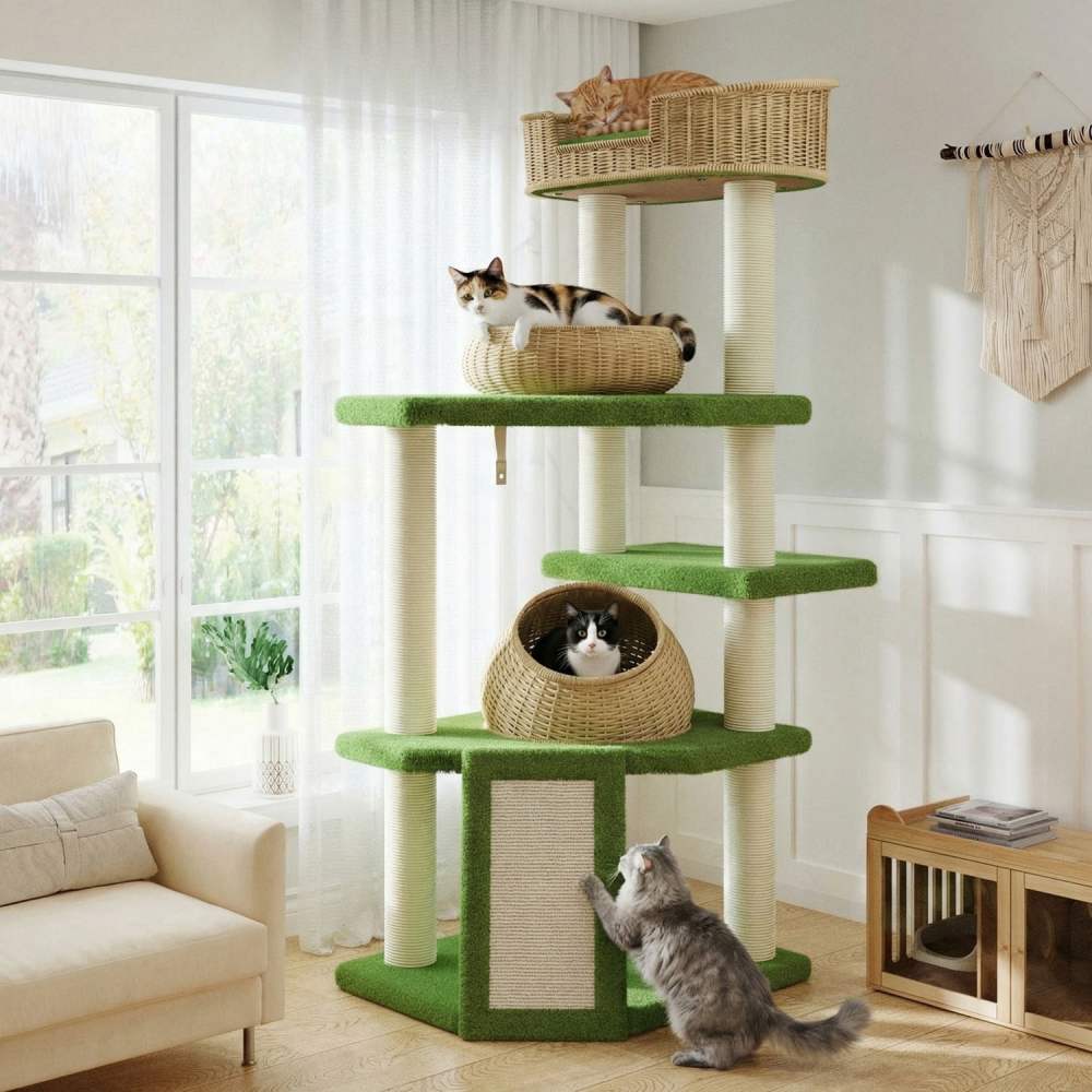 Amolife 57"Large Cat Tree Tower with Teddy Fleece Rattan Condo, Scratching Ramp and Posts for Indoor Cats and Kittens, Green