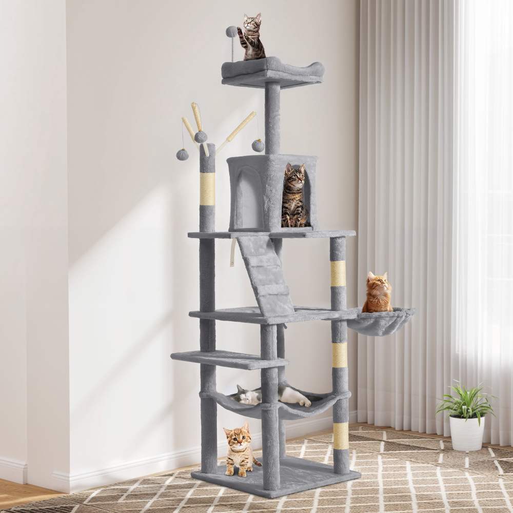 Uforic 64.5" Cat Tree Tower, Multi-Level Play Tower Condo with Scratching Posts&Perch Hammock for Indoor Cats, Light Gray