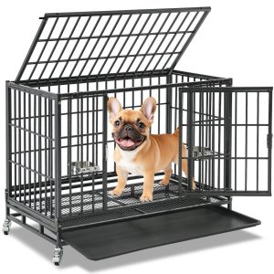 Homey Pet 37 Inch Stackable Heavy Duty Dog Crate Indestructible,  Escape Proof Dog Cage with Wheels,  Tray,  High Anxiety Dog Kennel Indoor Double Door,  Collapsible Dog Crates for Medium Dogs