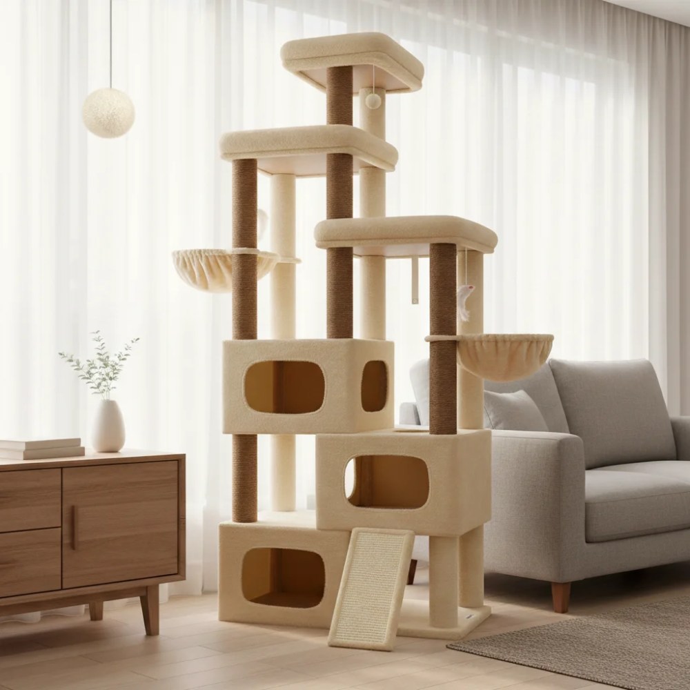 Globlazer Big Cat Tree Tower, 85in Multi-Level Tall Cat Tree Tower Indoor for Multiple Adult Cats with Scratching Post, 3 Perches, 3 Condos, 2 Hanging Basket, S85, Beige - Image 2