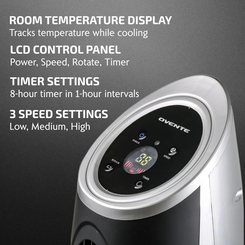 OVENTE Oscillating Tower Fan with Remote Control, 3-Speed LCD Panel & 8H Timer, 30.5" Quiet & Bladeless Indoor Standing Floor Fan, Blows Cold Air for Home, Bedroom, Living Room or Office, Silver - Image 4