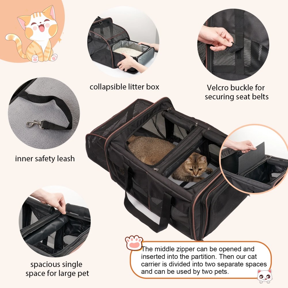 LitaiL Cat Carrier for 2 Cats, 2-in-1 Double Pet Carrier with 2 Litter Boxes, Portable Soft Sided Dog Carrier for Traveling, Black - Image 4