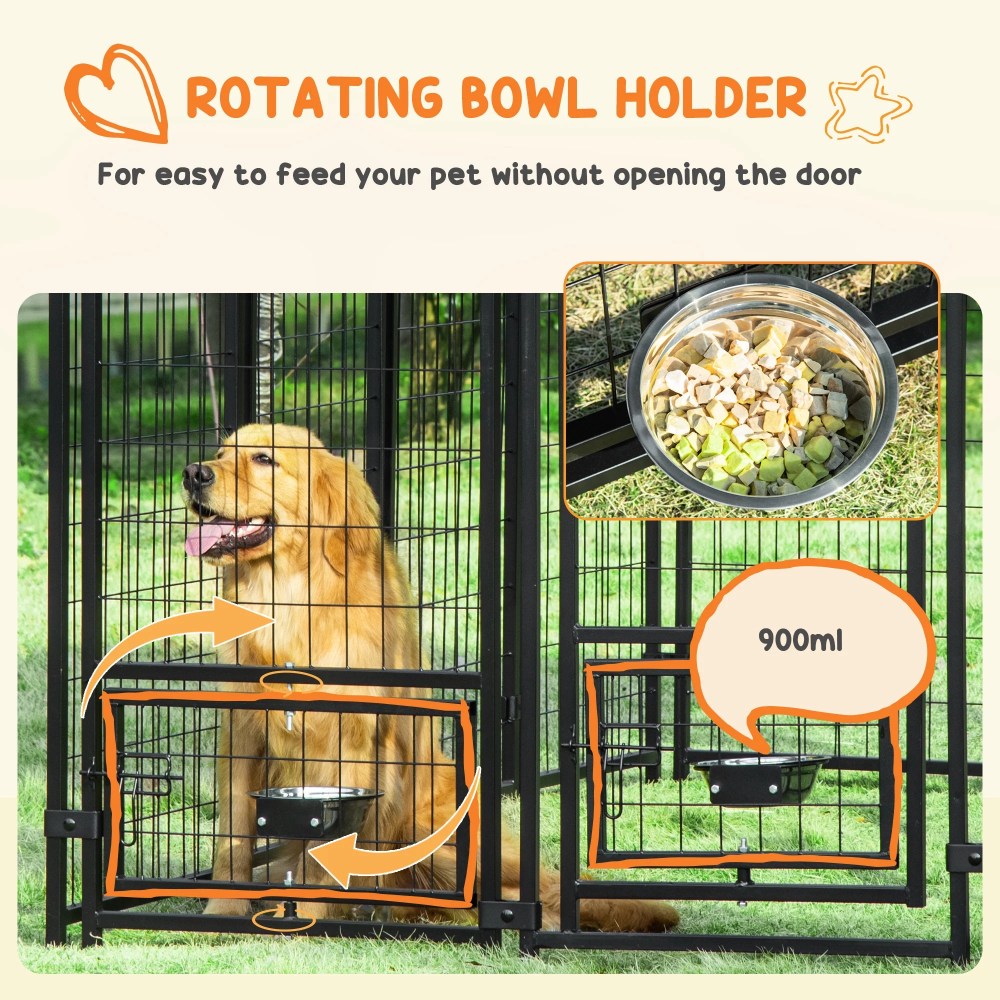 PawHut 8" x 4" x 6" Outdoor Dog Kennel with Rotating Bowl Holders, Walk-in Pet Playpen, Welded Wire Steel with Water and UV-Resistant Canopy, Green - Image 7