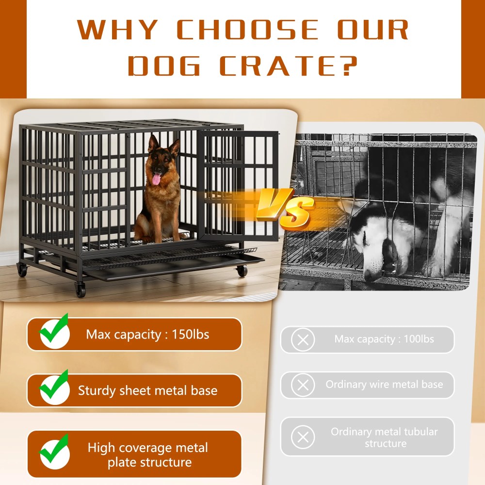 48" Heavy Duty Stainless Steel Dog Cage with Double Doors Divider Panel & Removable Tray for Indoor Outdoor Black - Image 7