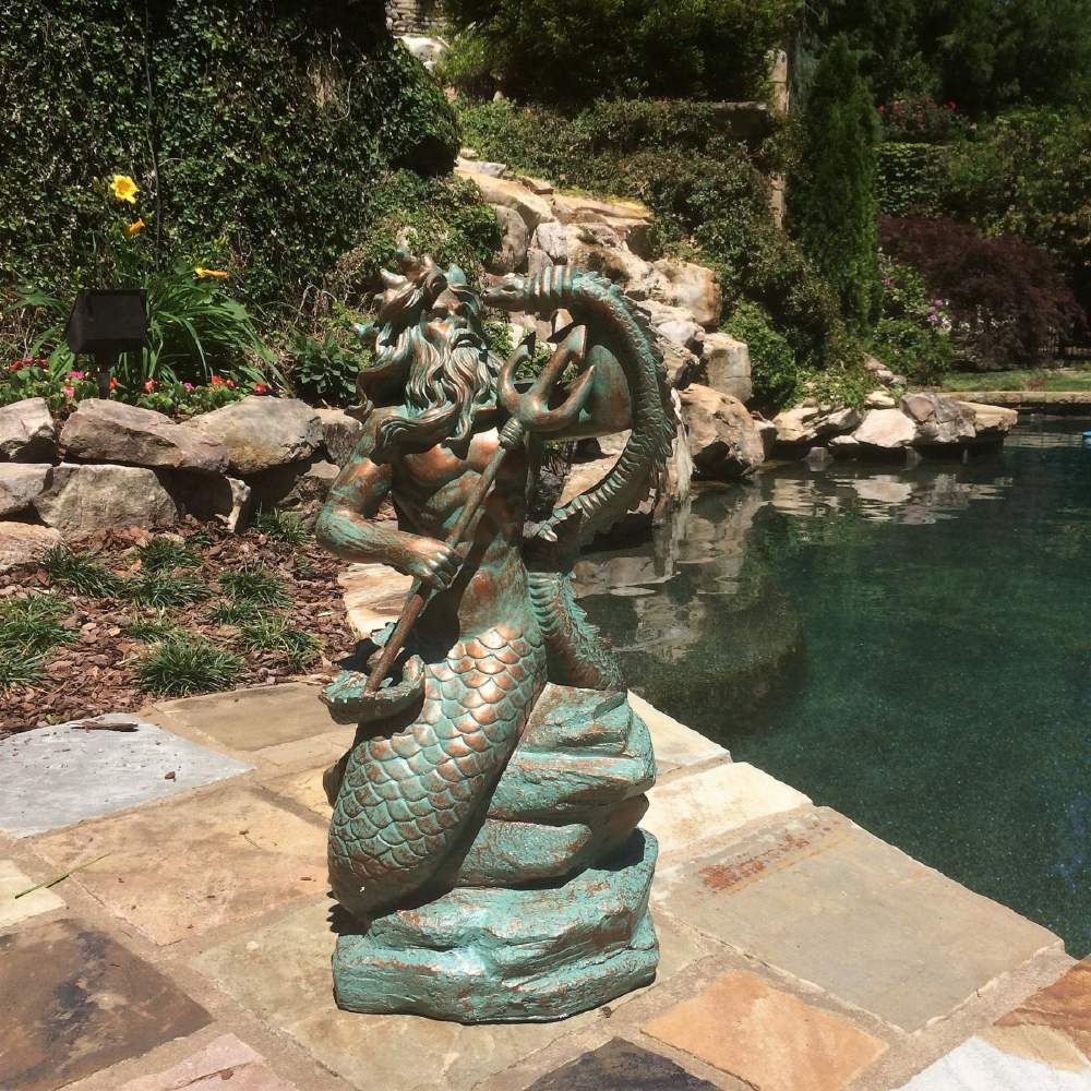 Homestyles 22 in. Bronze Patina Poseidon Ruler of Sea Sitting on Rock Nautical Beach Extra Large Mermaid Statue - Image 3