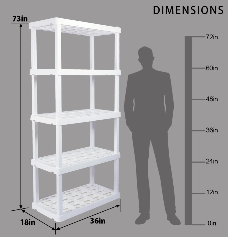 Oskar Plastic Shelving Unit Storage Shelf 5-Tier 74"H x 36"W x 18"D White 750lb Capacity - Image 20