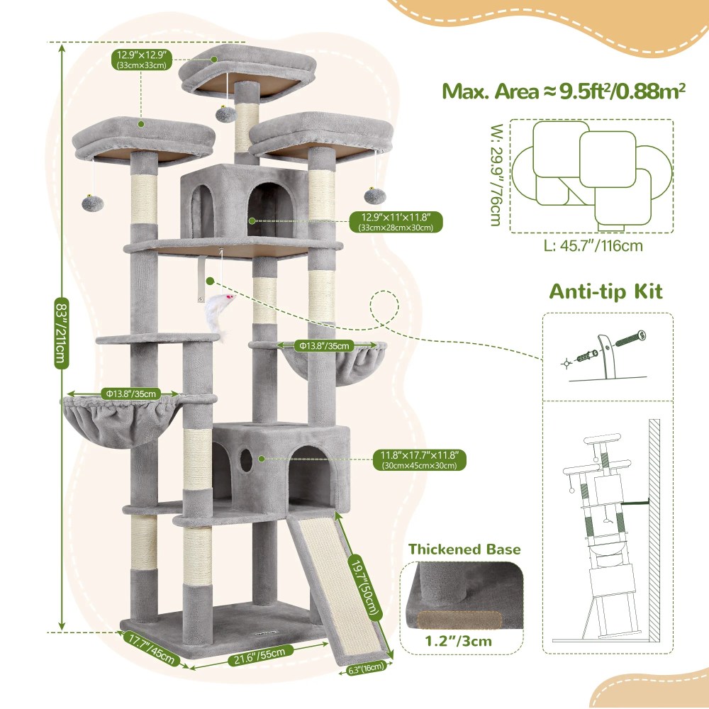 Globlazer 83" Multi-Level Large Cat Tree Tower for Indoor Cats with Sisal Scratching Post, Hammock & 2 Condos, Light Gray - Image 4