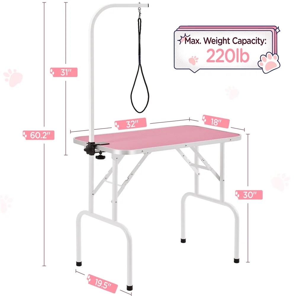 Renwick 32" Pet Foldable Grooming Table with Adjustable Height Arm, Pink - Image 4
