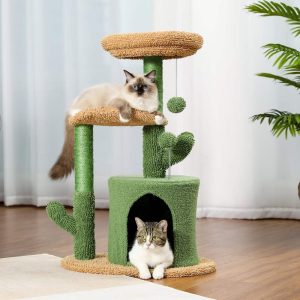 Pefilos Cactus Cat Tree House for Large Cats Cat Tower with Warmy Cat Condo for Indoor Cats,  Plush Perches,  Sisal Scratching Post and Fluffy Balls for Small and Medium Cats