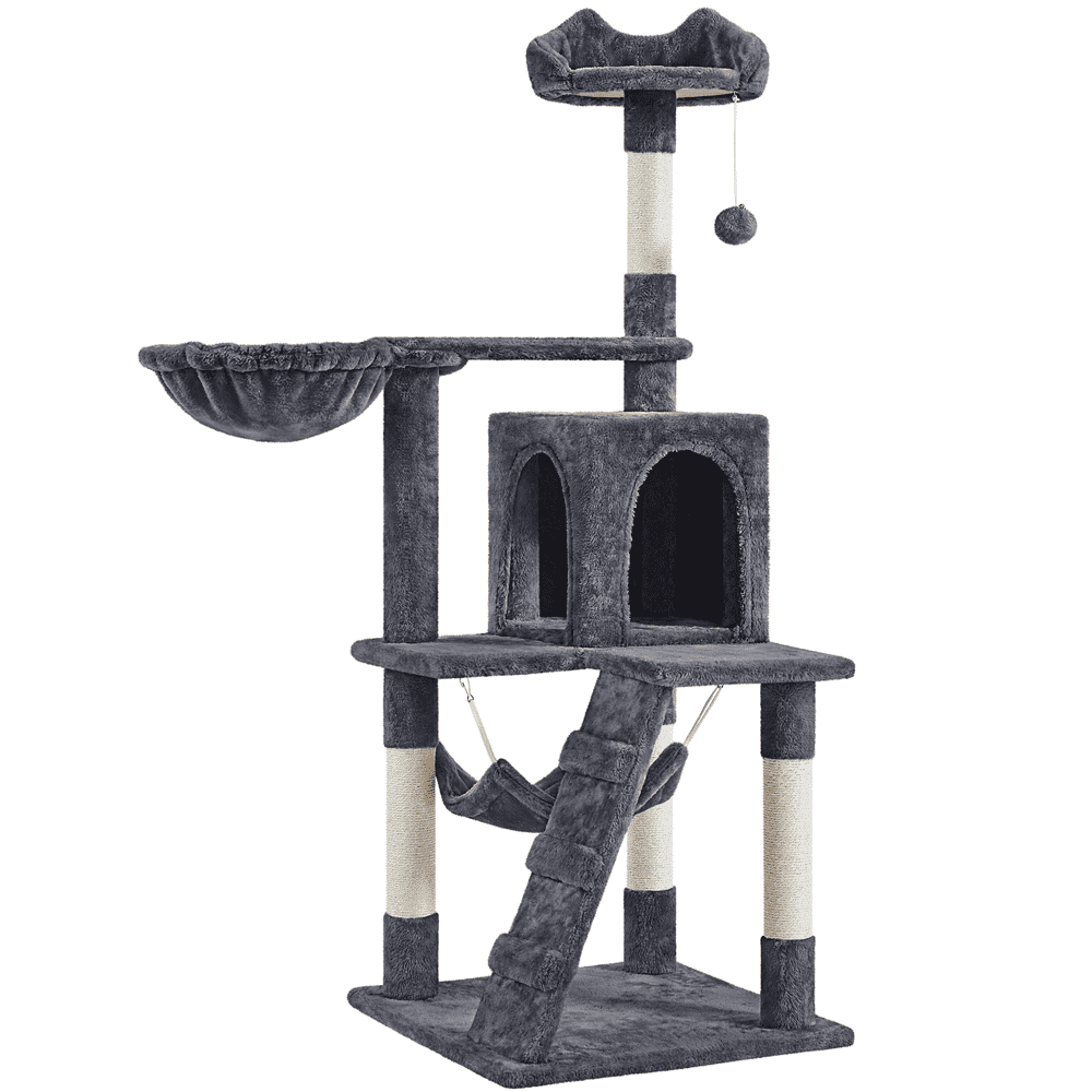 Alden Design 54" Cat Tree with Hammock, Basket and Scratching Post Tower, Dark Gray