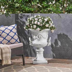 Alena Outdoor Light Weight Concrete Chalice Garden Urn Planter,  Antique White