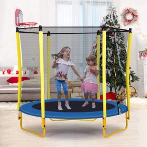 5.5 FT Kids Trampoline with Enclosure Net, Basketball Hoop and Ball, Yellow