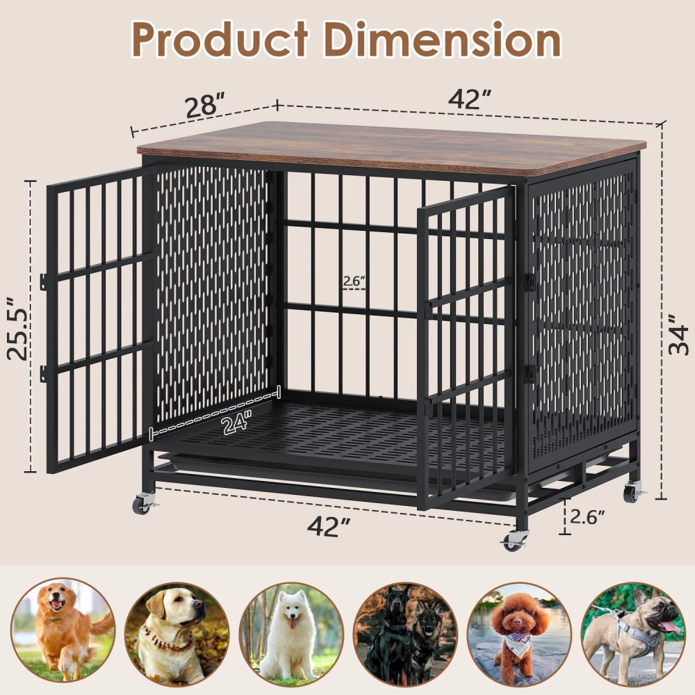 Winkalon 42 Inch Large Dog Crate Rustic Style Furniture Dog Cage Crate with 3 Doors and 4 Wheels Heavy-Duty Kennel, Brown - Image 5