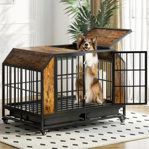 TABU 42" Furniture Style Dog Crate,  Wooden Dog Kennel,  Heavy Duty Dog Crate with Lockable Wheels,  Rustic Brown