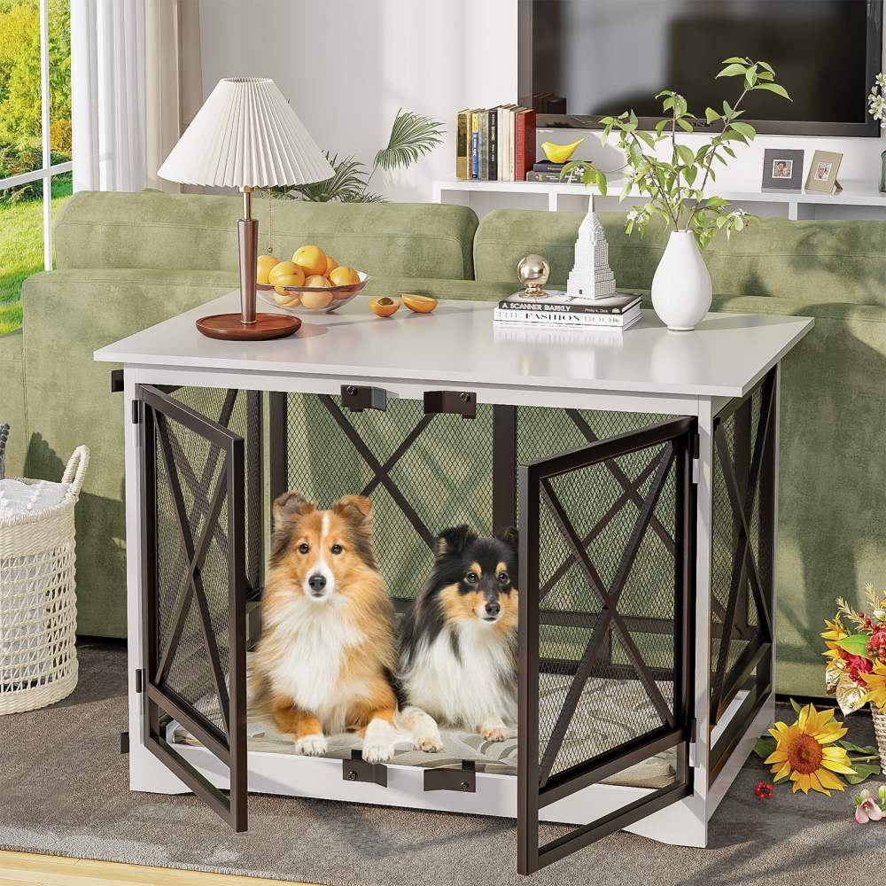 48 inch Extra Large Dog Crate Furniture, Double Door Indoor Kennel, End Side Table Wooden Dog Crates, Anti-Chew Anti-Escape, White - Image 7