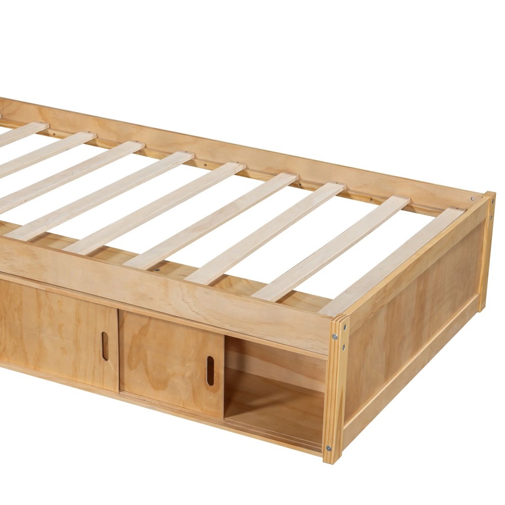 Euroco Pine Wood L-Shaped Twin Platform Bed with Storage Desk, Cabinets, Trundle and LED Light for Kids Teens, Natural - Image 2