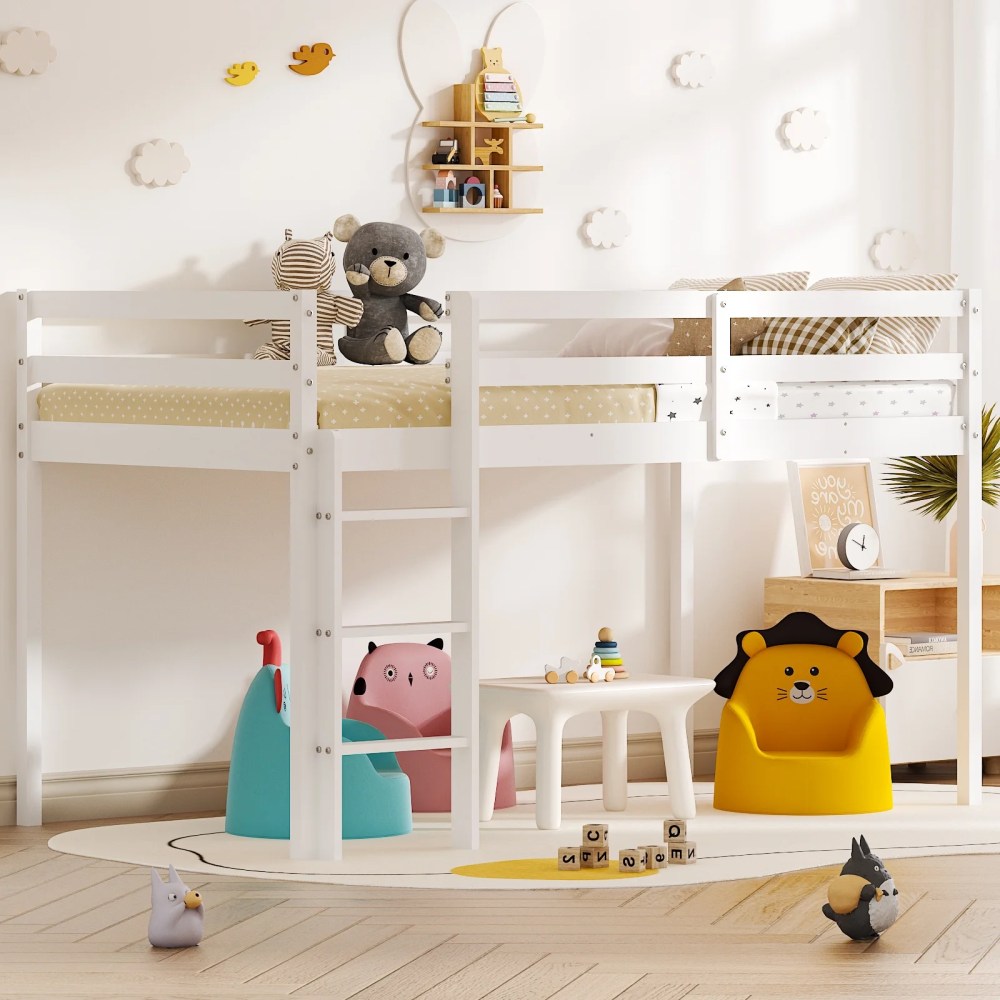 Zimtown Twin Size Loft Bed with Stairs Wood Low Sturdy Loft Bed for Bedroom,White