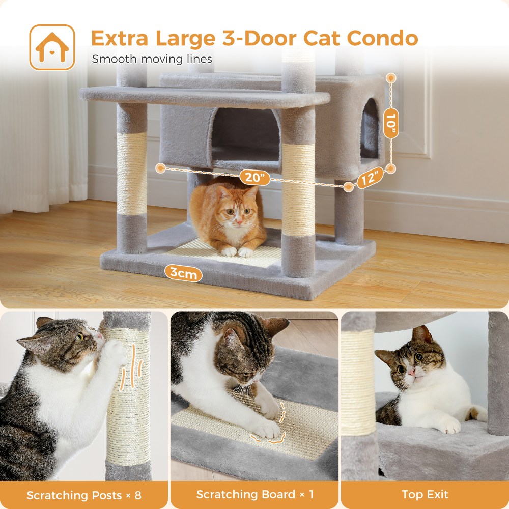PAWZ Road 73" Cat Tree for Large Cats, Multi Level Play Tower Condo 7 Sisal Scratching Posts, Gray - Image 3