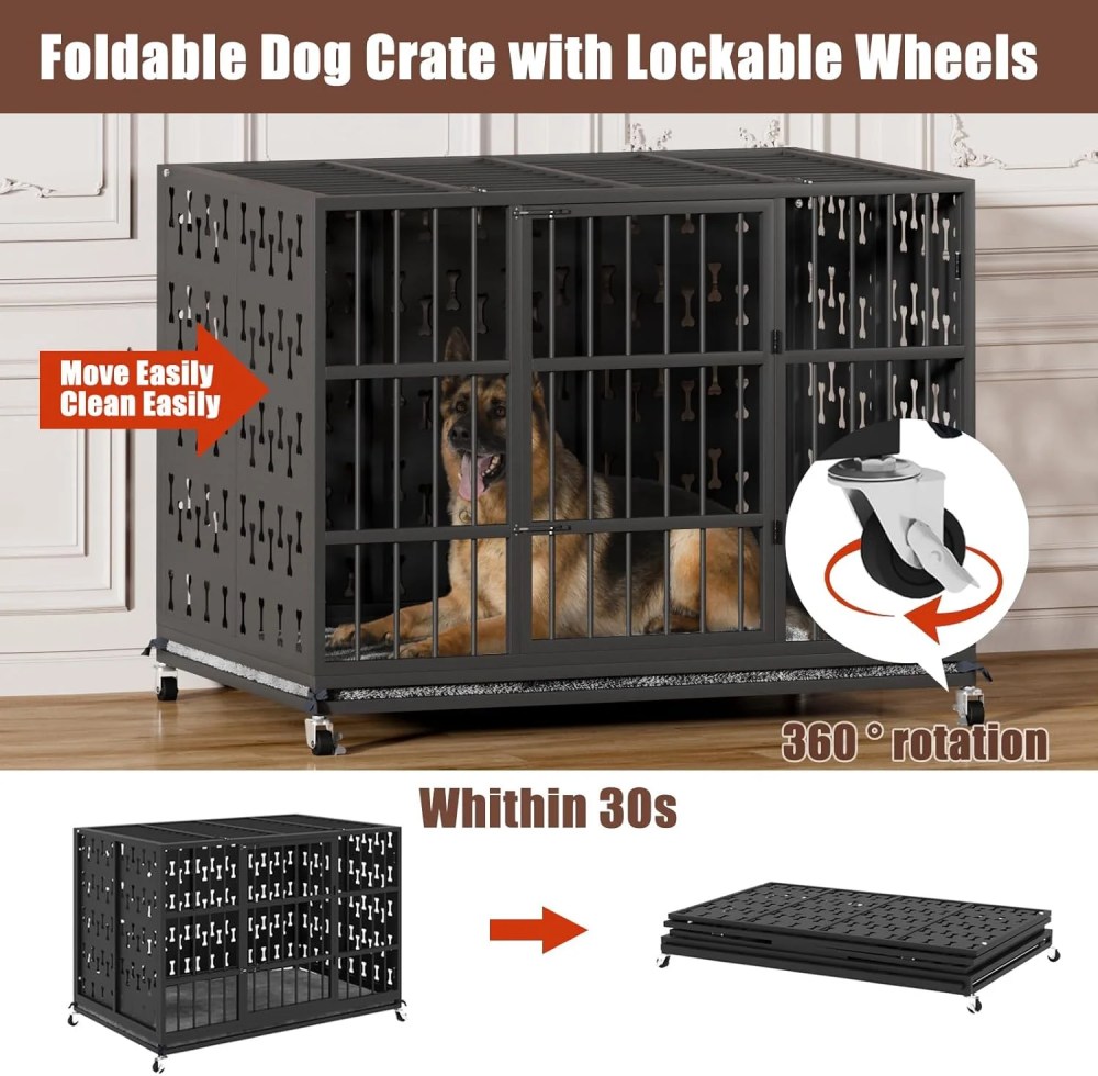 Waleaf 48 inch Heavy Duty Indestructible Dog Crate, Escape Proof Dog Cage with Enclosed Design, High Anxiety Dog Crate for Large Dogs, Lockable Wheels and Removable Trays, Large - Image 8