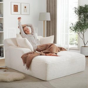 AENKYO 50" Chaise Lounge Sofa Bed with 3 Pillows,Convertible Sleeper Couch for Living Room,Bedroom & Small Spaces - Corduroy Upholstered Deep Seat Comfy Furniture - White