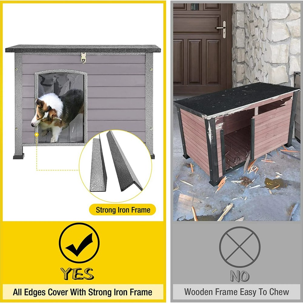 Aivituvin 33.5"L Outdoor Dog House, Wooden Dog Kennel with Openable Asphalt Roof, Chew-Proof Metal Frame for Medium Small Dog, Gray - Image 3