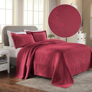 Superior Geometric Fret Cotton Bedspread and Sham Set, 2-Piece Decorative Breathable Bedspreads, Twin, Burgundy