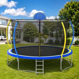 12FT Trampoline for Kids - Seizeen Round Trampoline W/ Enclosure Net & Hoop,  Outdoor Colorful Trampoline with Waterproof Cover & Ladder