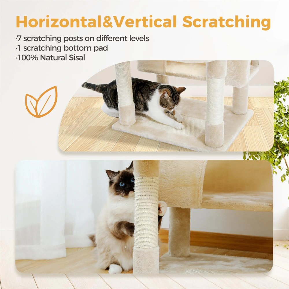 Pefilos 72" Large Cat Tree Tower with Sisal Scratching Post, Indoor Cat Condo for Big Cat Maine Coon, Beige - Image 6