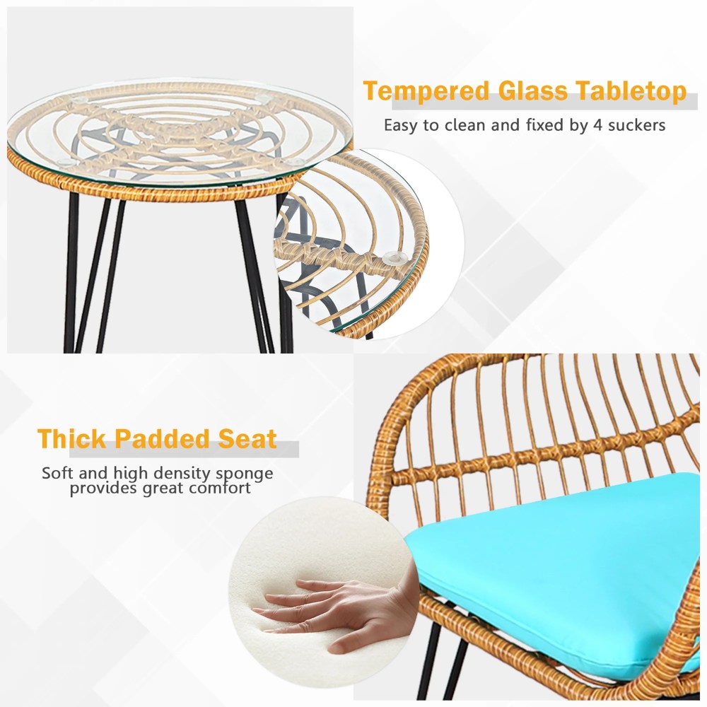 Gymax 3PCS Rattan Patio Bistro Set Conversation Furniture Set w/ Turquoise Cushions - Image 7