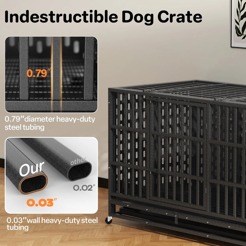 YOKWOK 48 Inch Heavy Duty Indestructible Dog Crate Cage, Chew Proof & Escape-Proof XL Kennel for High Anxiety Large Dogs, with Locking Wheels and Removable Tray for Indoor & Outdoor Use, Black - Image 6