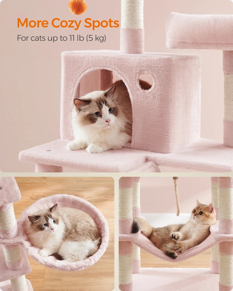 66.1"H Cat Tree Cat Tower for Indoor Cats, Plush Multi-Level Cat Condo with Scratching Posts, Perches, Caves, Hammock, Jelly Pink - Image 5