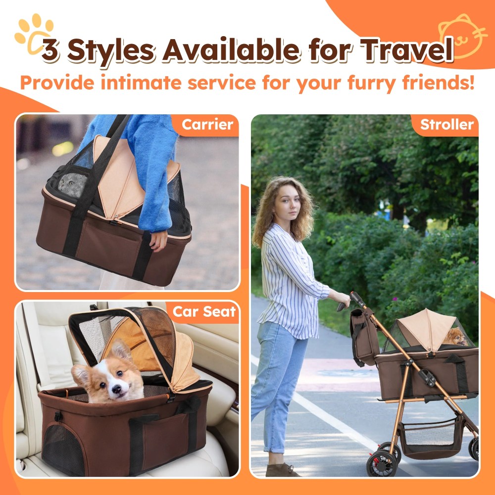 Monasem 3-in-1 Pet Stroller, Foldable 4-Wheel Cat & Dog Stroller with Detachable Carrier, Canopy and Storage Basket, up to 60lbs, Brown - Image 3
