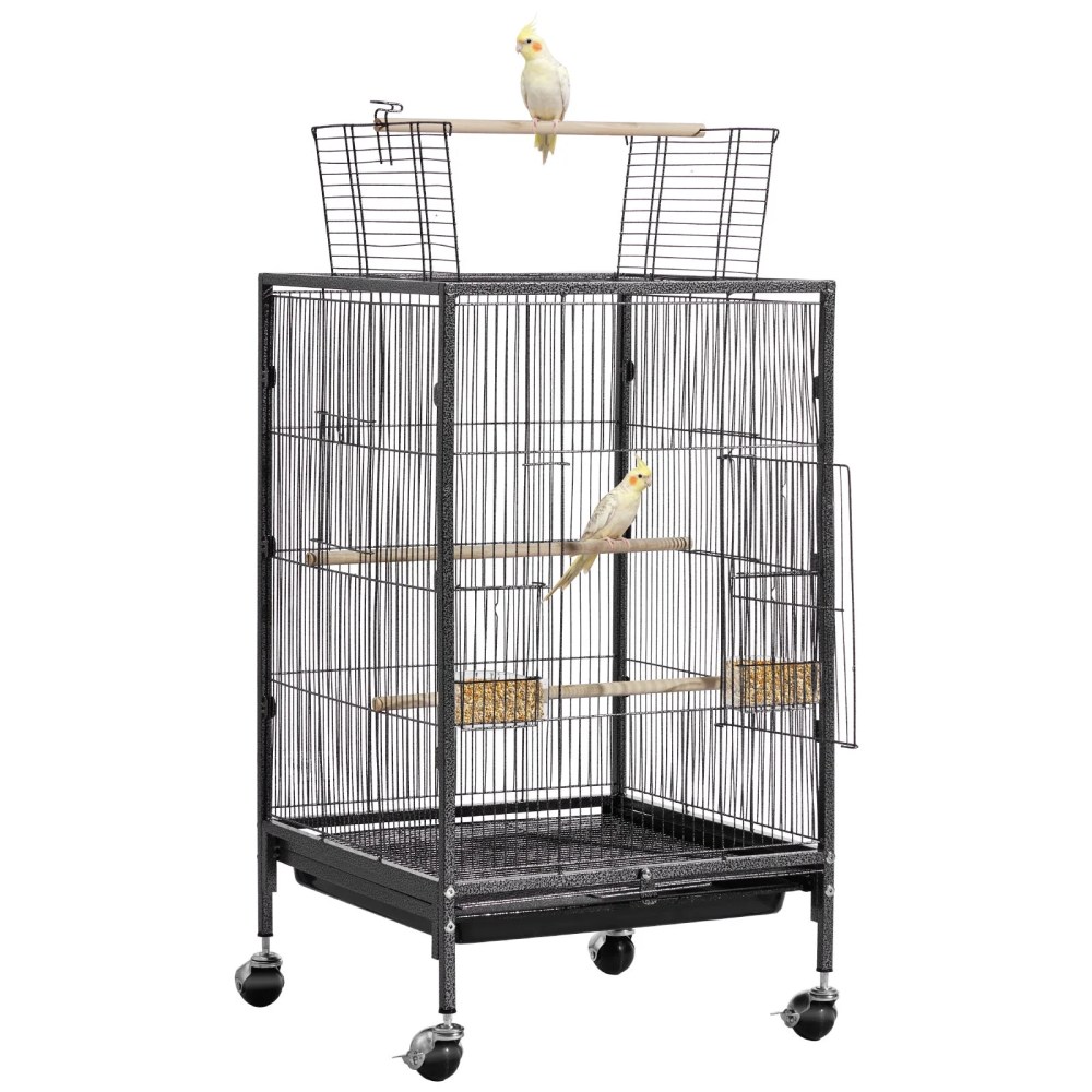 VEVOR Bird Cage, 18 x 18 x 30 inch, Open Flat Top, Wrought Iron Bird Flight Cage with Perches, Slide-Out Tray and Plastic Feeders, Casters, for Parrot, Blue Tit, Cockatiel, Canary, Budgeriga