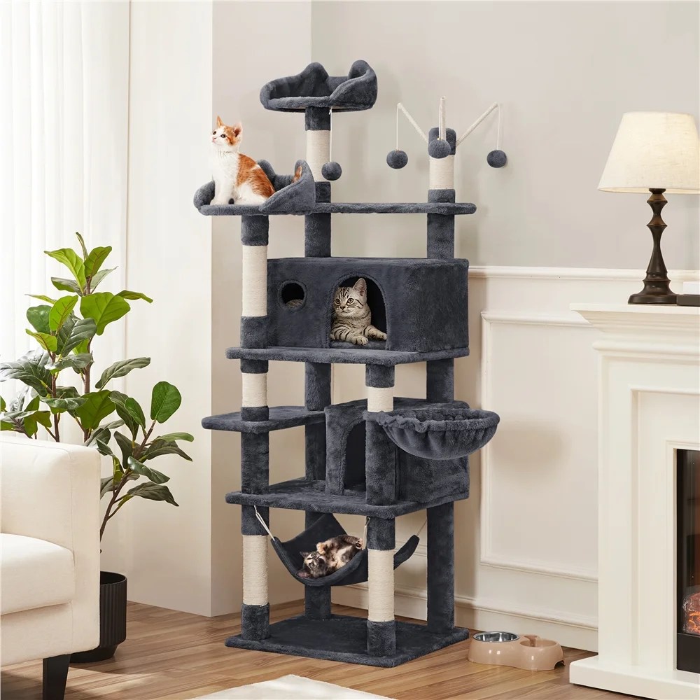 Alden Design 67" H Multi-Level Cat Tree Tower with 2 Cat Condos & Hammock Basket, Dark Gray - Image 4