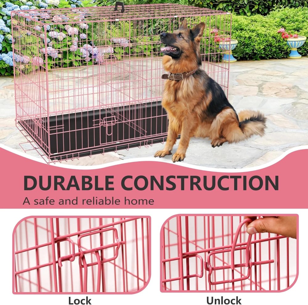Dog Crates for Large Dogs 48 Inch Folding Mental Wire Crates Outdoor and Indoor Pet Dog Cage with Double-Door, Divider Panel, Removable Tray, Pink - Image 3