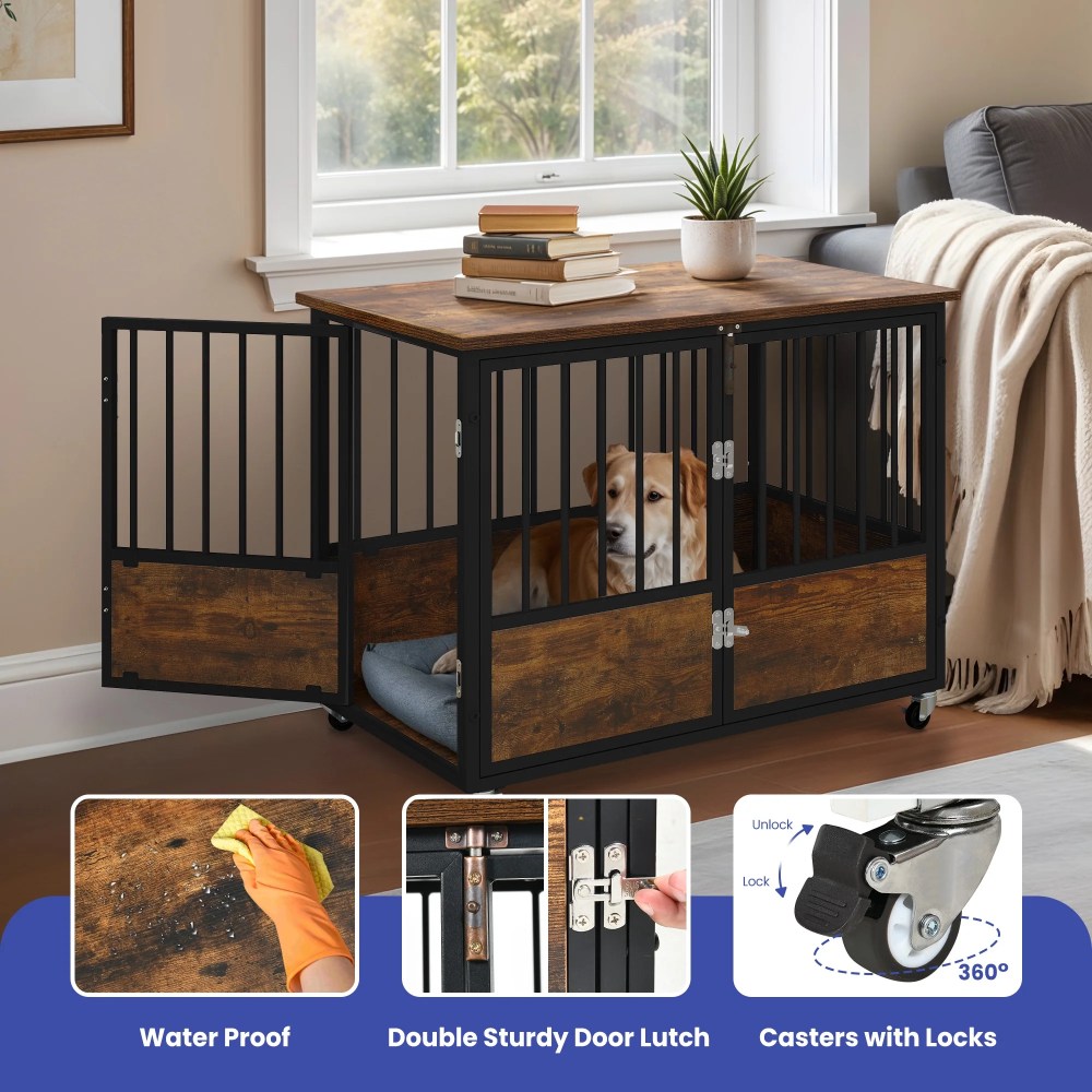 ModFusion 38" Double Door Dog Crate with Wooden Top for Storage, Locking Casters, and Waterproof Surface-Durable, Easy-to-Clean Pet Crate - Image 8